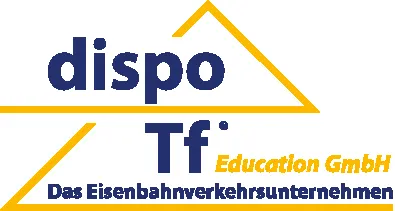 Logo der dispo Tf Education GmbH in Blau und Gelb mit Slogan „Das Eisenbahnverkehrsunternehmen“.