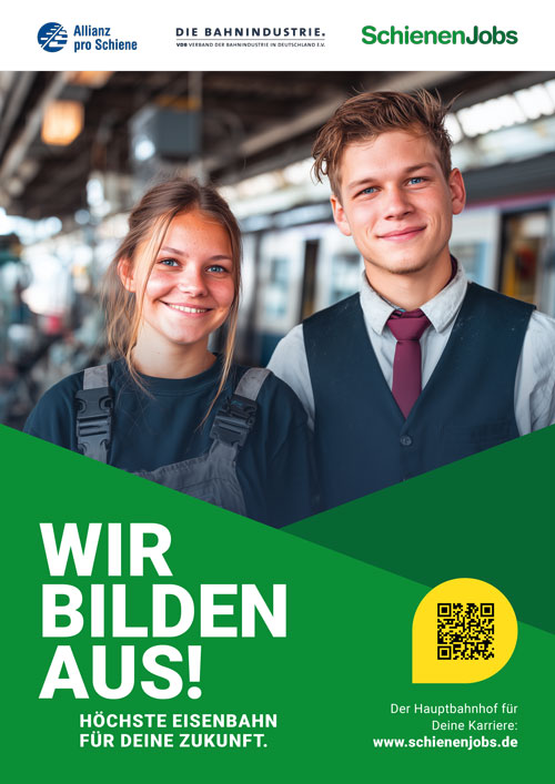 Ein Plakat zur Ausbildung bei der Bahn zeigt zwei Jugendliche auf einem Bahnhof. Wir bilden aus! steht in großen Buchstaben.
