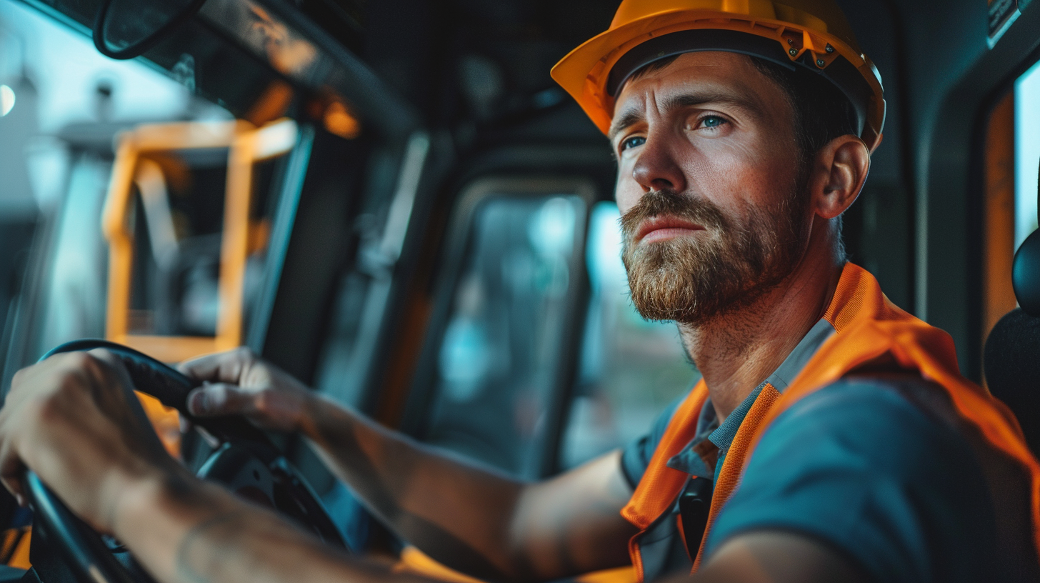 Baugeräteführer mit Helm bei der Arbeit